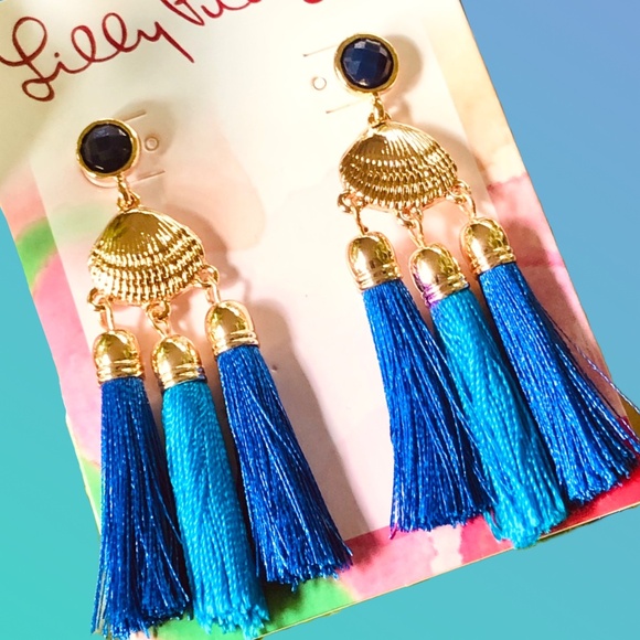 LILLY PULITZER EARRINGS NWT SEASIDE TASSEL ⭐️Capri Blue/Gold SHELLS-PIERCED-POST - Picture 2 of 9